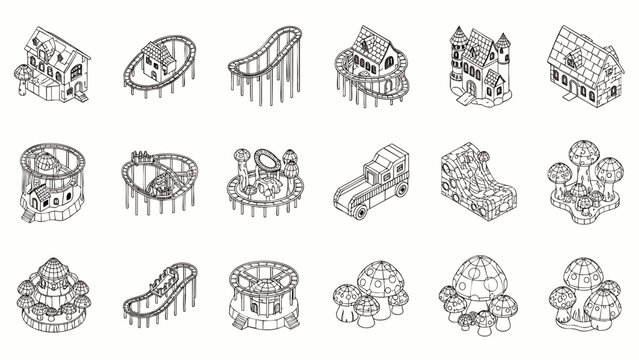 Collection of Isometric Fantasy Buildings and Attractions, Cartoon Style, Vector Illustrations