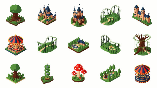 Isometric Theme Park Elements: Castles, Roller Coasters, Carousels, Trees, and Mushroom Houses