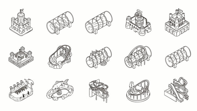 Collection of isometric line art icons featuring various playground equipment and amusement park rides, perfect for children's fun and recreation designs.