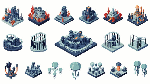Collection of isometric pixel art elements featuring various underwater coral reefs, futuristic structures, and alien flora for game design and fantasy environments, perfect for digital projects.