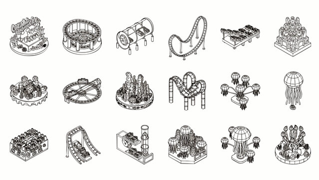 Isometric Amusement Park Rides Line Art Icons Set. Various funfair attractions: roller coasters, carousels, thrill rides. Perfect for entertainment design.