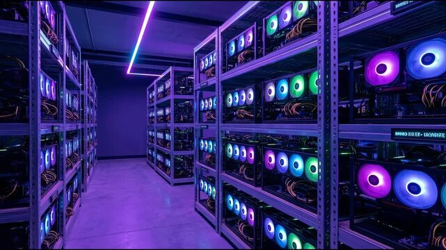 Cryptocurrency mining farm featuring advanced technology hardware with multiple GPU rigs and colorful LED lights powering innovative business