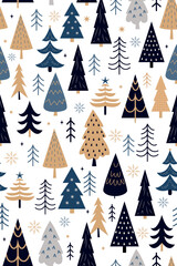 Festive Christmas Tree Pattern With Navy Blue, Gold, And Beige Colors For Winter Decor