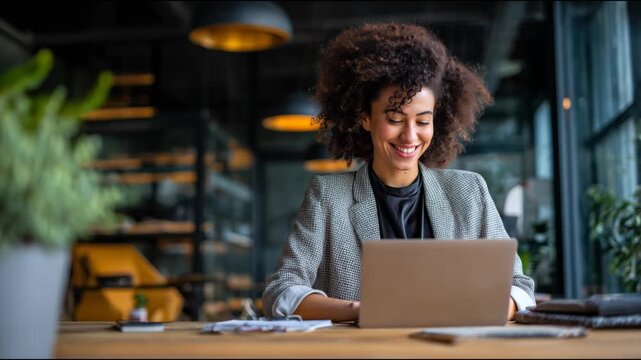 Happy professional woman with afro hair working on a laptop computer in a modern coworking space