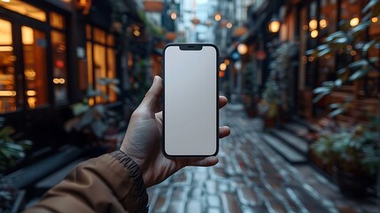 Hand holding smartphone with blank screen in a charming city alleyway