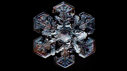 I need a tech forward Snow flake, black background, white snowflake. The snowflake needs to be three demential being displayed at a three quarter view,