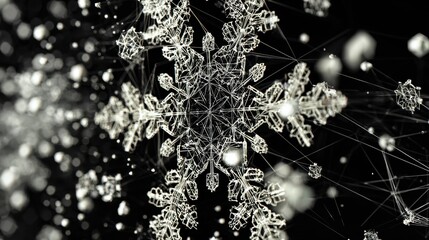 I need a tech forward Snow flake, black background, white snowflake. The snowflake needs to be three demential being displayed at a three quarter view,