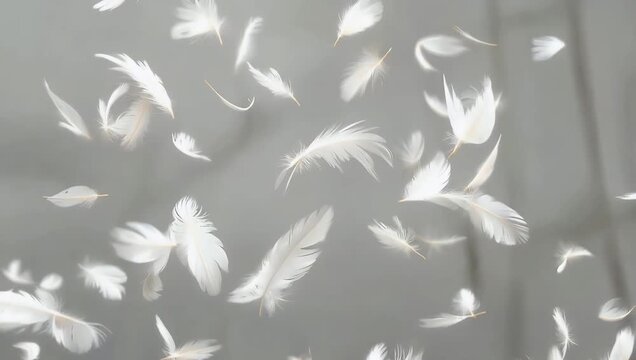 Soft cinematic 4K slow motion shot of delicate down feathers floating gently through the air creating peaceful airy pattern symbolizing lightness calm dreamlike 