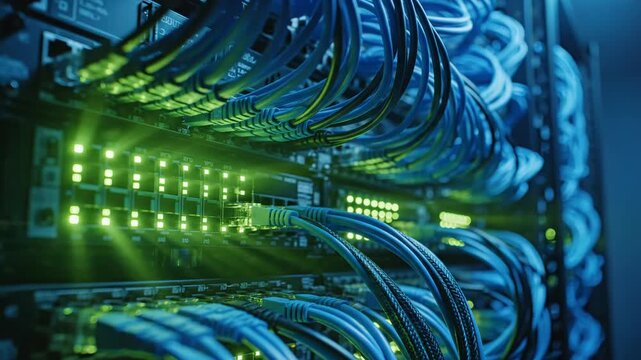 Rows of network cables and switches in a server room with green lights