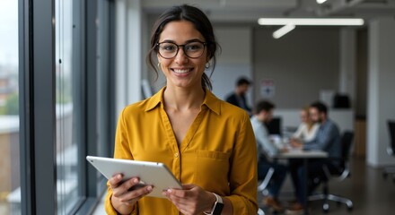 Smiling professional businesswoman holding tablet in modern office. Portrait of confident young female entrepreneur looking at camera