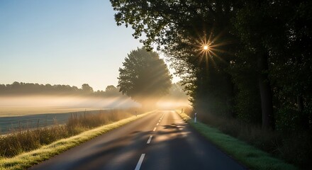 Sunrise on a rural road with trees.