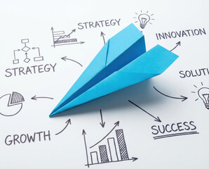 Strategy teamwork plan idea success work paper airplane innovation growth solution teamwork strategy plan idea guide team to success work with blue paper airplane concept success plan concept