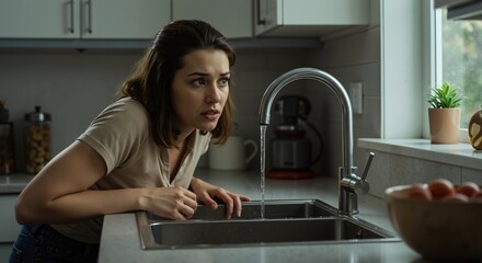 Concerned woman inspecting low water pressure from kitchen sink faucet. Domestic plumbing problem and utility crisis concept