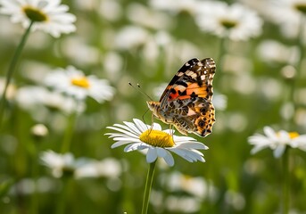 Obraz premium Butterfly on Daisy in a Field of Flowers.