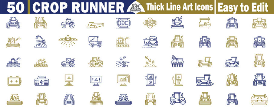 Set of fifty Crop Runner agriculture machinery line icons collection for farming industry and harvest technology vector illustration. 