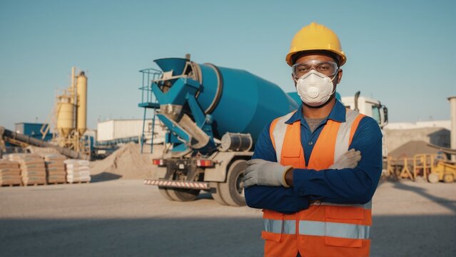 Confident Black construction worker wearing full PPE at industrial site. Male builder in hard hat and mask standing with cement truck in background