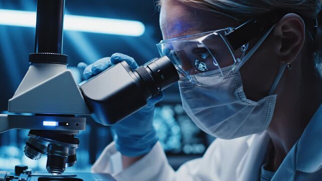 Scientist in a lab coat and gloves looking through a microscope in a laboratory setting with blue lighting