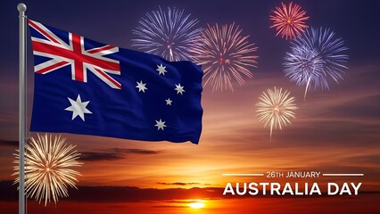 Happy Australia Day Wishes Fireworks And Australian Flag Celebrations At Sunset