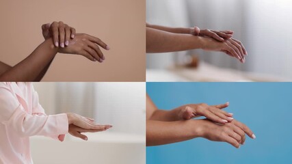 Women engage in a beauty and skin care routine focused on pampering their hands. The activity showcases various skin care techniques and emphasizes body care as part of daily self-care.