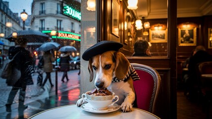 Adorable beagle dog in a beret savors coffee at a quaint Parisian café on a rainy day, exuding charm and whimsy.
