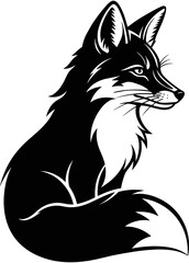 Obraz premium Detailed black and white fox illustration with a fluffy tail and alert expression for woodland wildlife designs and nature logos.