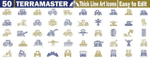 Obraz premium Fifty Terramaster Agricultural Equipment icons with thick line style showing various tractor types and farm tools vector. 
