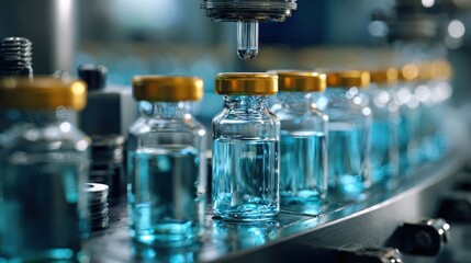 Medical vials on production line at pharmaceutical factory, Pharmaceutical machine working pharmaceutical glass bottles production line, health care, pandemic