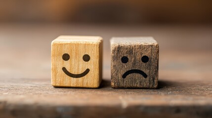 Mental health and emotional state, Smile face in bright side and sad face in dark side on wooden block cube for positive mindset selection, expression, mask, bipolar, generate by AI