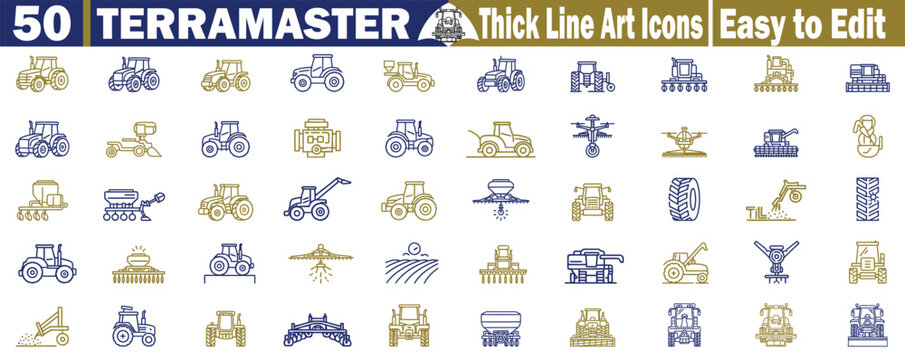 Fifty Terramaster Agricultural Equipment icons with thick line style showing various tractor types and farm tools vector. 