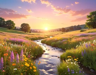 Serene landscape stream meanders through wildflowers at sunset