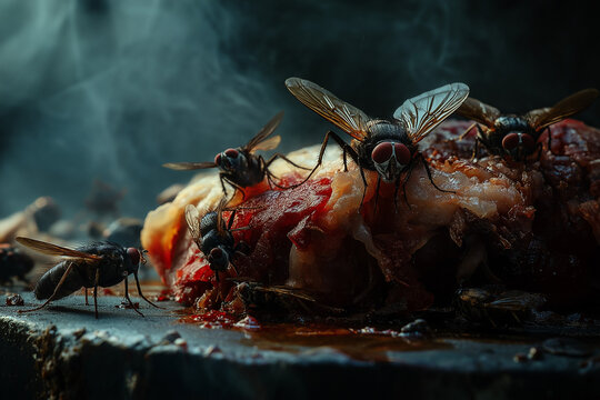 Spoiled raw meat with flies, representing food contamination and unsafe eating conditions, health risk, food safety