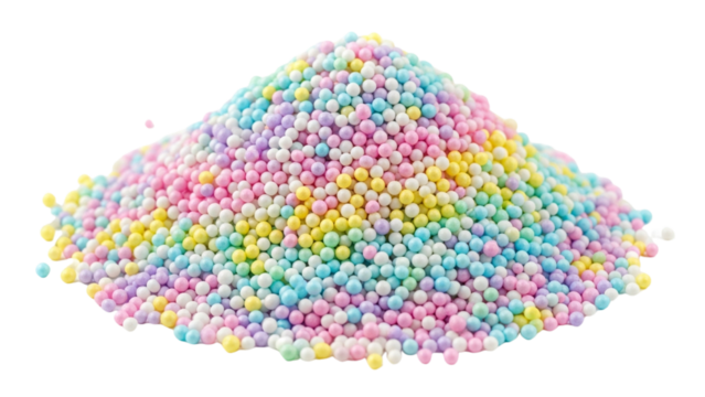 A close-up shot of a small hill composed of colorful, spherical sprinkles, showcasing varied hues - Powered by Adobe