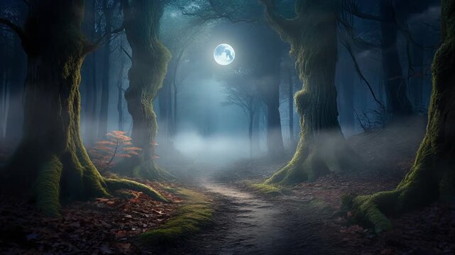 Misty forest night scene with glowing full moon rising above narrow atmospheric woodland path silence