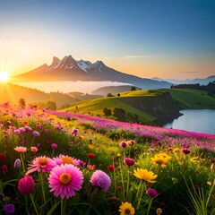 Obraz premium Scenic vista of a vibrant floral meadow at sunrise with mountains