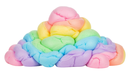 A fluffy, colorful pile of what appears to be a soft, edible creation in pastel hues, shaped irregularly on a black background