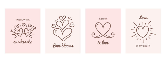 Soft pink greeting cards with hand drawn heart illustrations and romantic lettering, minimalist style for Valentine themes, wedding, invitation cards