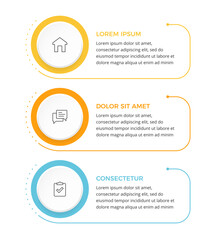 Vertical three step infographic template layout with circular elements, icons and text
