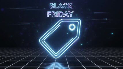 Glowing holographic black friday tag icon floating within dark futuristic digital grid retail sale concept - Powered by Adobe