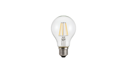 A clear glass LED light bulb with a visible filament, showcasing modern energy-efficient illumination technology against a plain white background