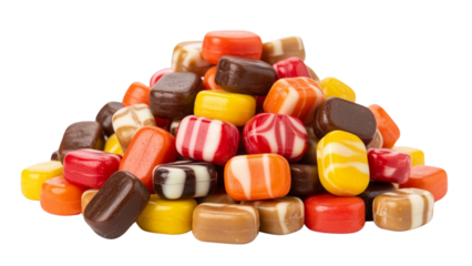 A vibrant assortment of hard candies in various colors and designs, piled up in a visually appealing arrangement against a transparent backdrop