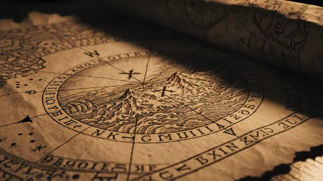 Ancient parchment with mystical symbols and markings on a wooden table