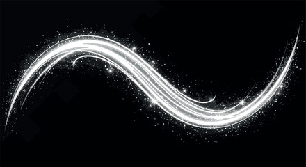 Sparkling white light trail with glowing magic dust and stardust effects in a curved wave pattern on a black background vector. © Ahmed Sahid