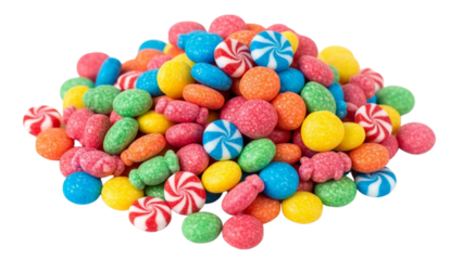 A vibrant assortment of various candies, a colorful mix of shapes and sizes with varied textures, against a dark background, evoking sugary delight