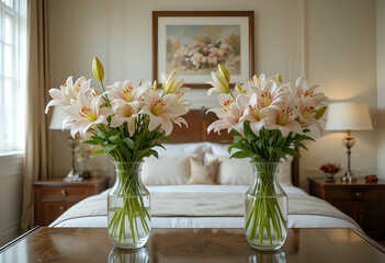 Interior of bedroom with vases of lily flowers on bedside tables near comfortable bed. 3d rendering.