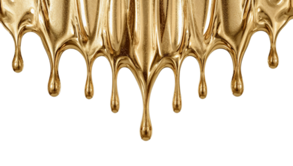 Close-up of molten golden liquid dripping downwards, creating elegant, smooth, and lustrous drops. A captivating and realistic abstract representation of precious metal flow