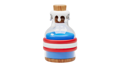 Cartoonish Potion Bottle with Blue Liquid and Red & White Bands