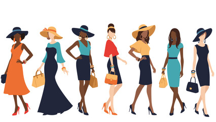 Fototapeta premium Group of diverse and stylish women in fashionable dresses and wide-brimmed hats walking together against a white background.