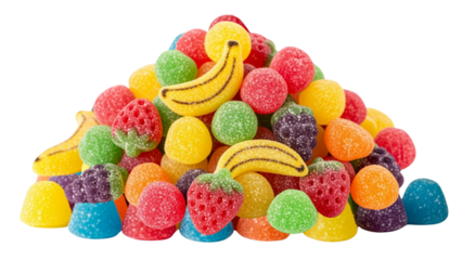 A vibrant pile of assorted fruit-shaped candies, translucent and coated in sugar crystals, against a clean white background