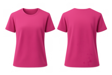 Pink basic women's t-shirt mockup, front and back views, blank textile apparel template design with transparent background