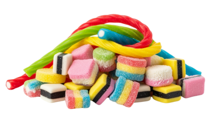 A vibrant pile of colorful candies, liquorice, and twisted sugar ropes, isolated against a transparent backdrop